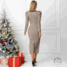 French high grade tight hip belt plaid dress in brown tweed with puff sleeves and slit