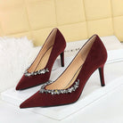 Langry fashion burgundy suede rhinestone stiletto pumps