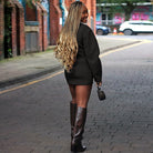 Woman in black dress and brown boots wearing Langry Modern Cardigan Top Slim Fit Skirt Set