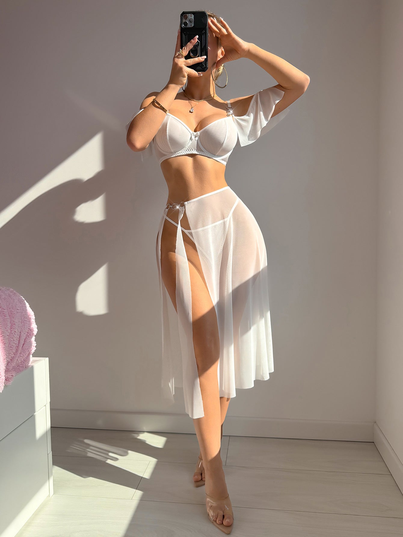 White sheer mesh langry dress with high slit and lace-up front