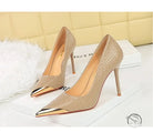 Beige stiletto heels with gold toe caps in Langry fashion leather low cut metal pointed high heel
