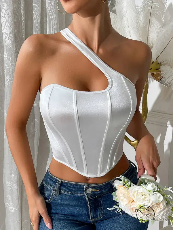 Elegant white satin langry corset top with one-shoulder and lace-up back