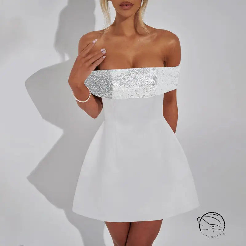 Elegant langry white off-shoulder mini dress with sequined fashion bodice trim