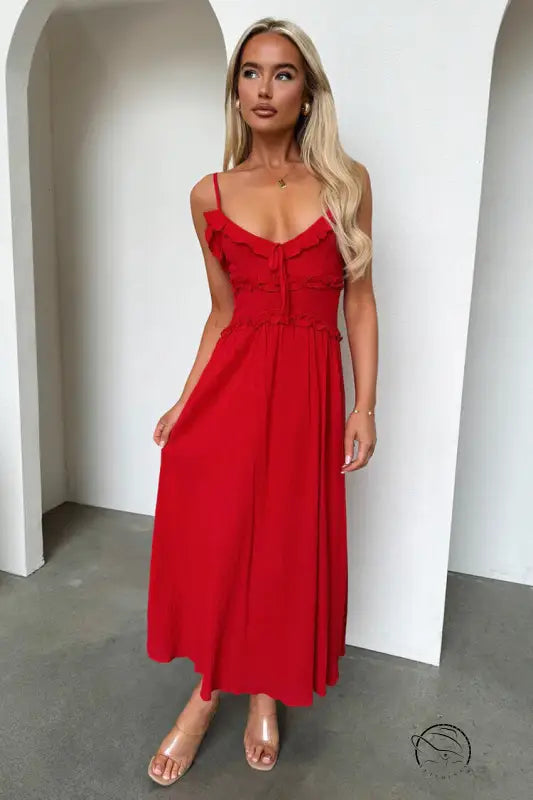 Elegant loose dress: red midi sundress with spaghetti straps and tie-front