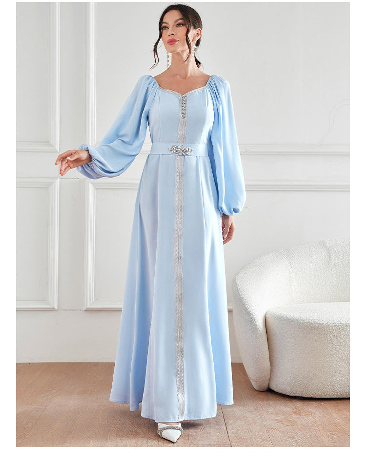 Elegant Langry light blue satin fashion gown with bell sleeves and beaded waistband
