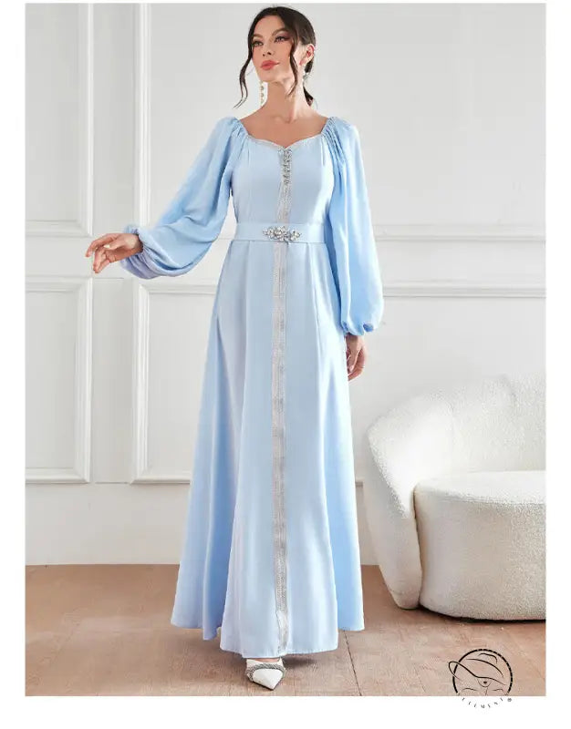 Elegant langry fashion light blue satin gown with bell sleeves and beaded waistband