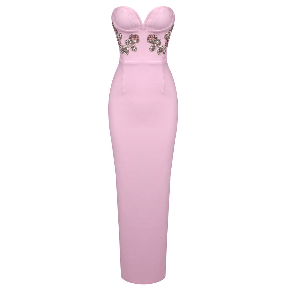 Elegant Pink Tube Top Maxi Dress featuring a pink strapless fitted gown design