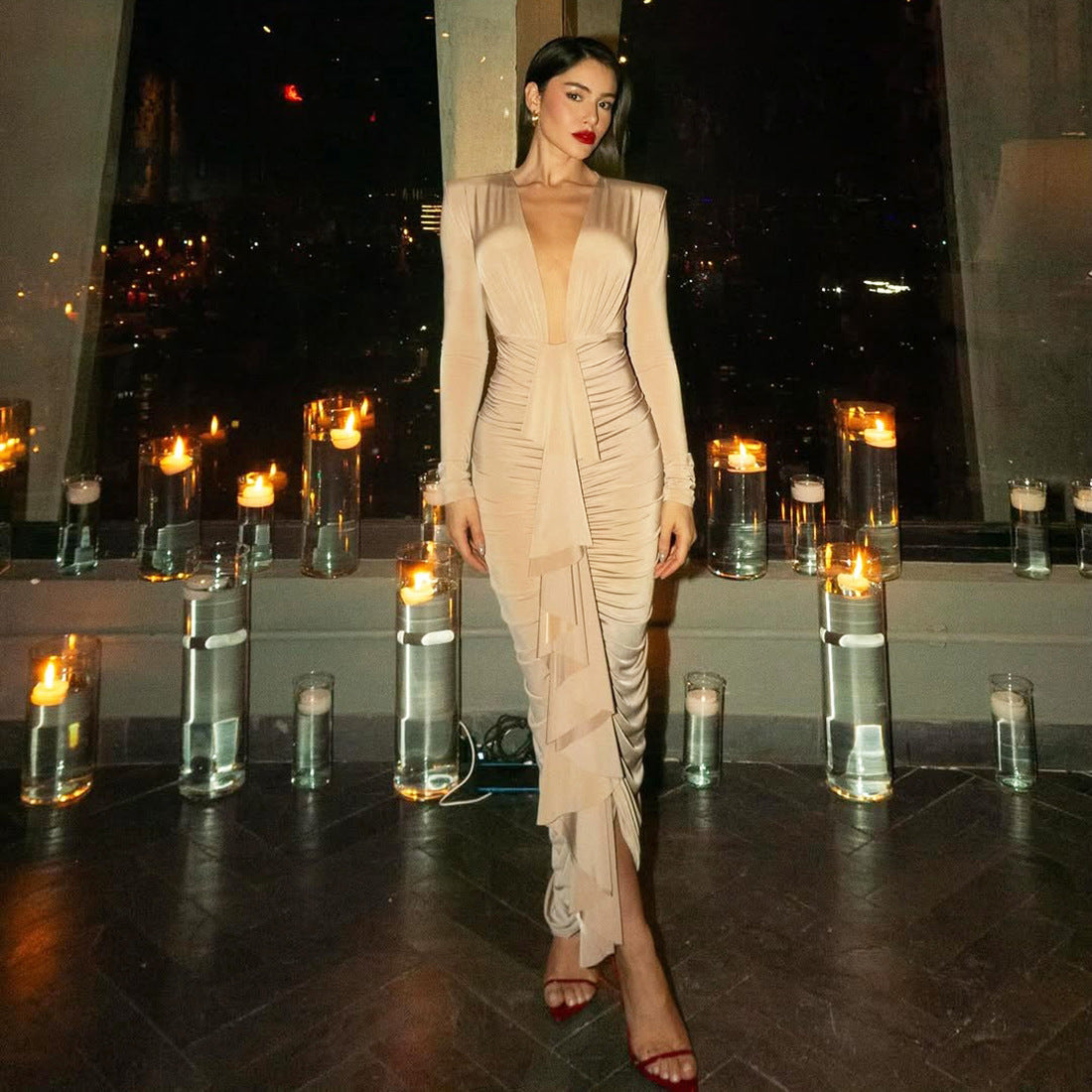 Elegant beige ruched langry fashion evening dress with long sleeves