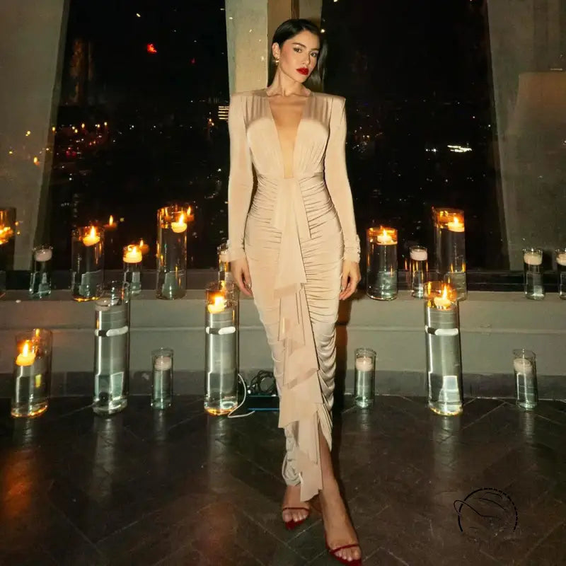 Elegant beige ruched evening dress with long sleeves in langry fashion