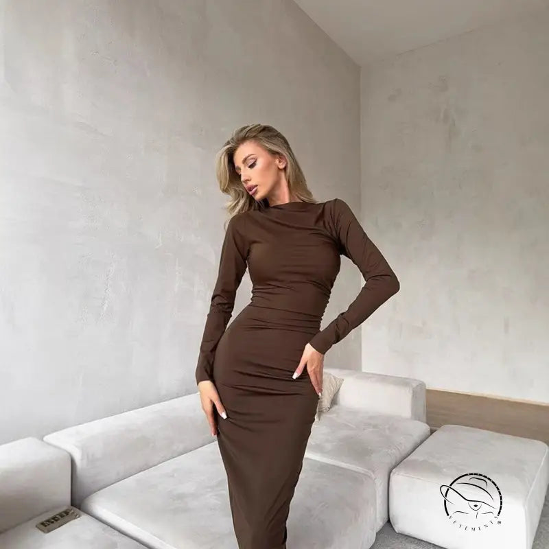 Brown langry fashion midi dress in slim fit maxi style