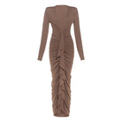 Elegant slim evening dress in brown ruched fashion with long sleeves and asymmetrical neckline
