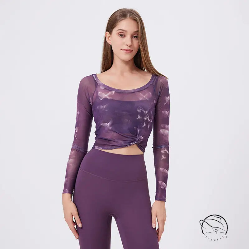 Floral Butterfly Faux Two Piece Sports t Shirt Women Long Sleeve with Chest Pad Yoga Clothes Mesh Top Quick Drying