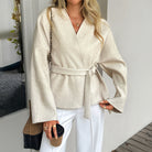 Beige langry fashion kimono blouse with bell sleeves and tie waistband