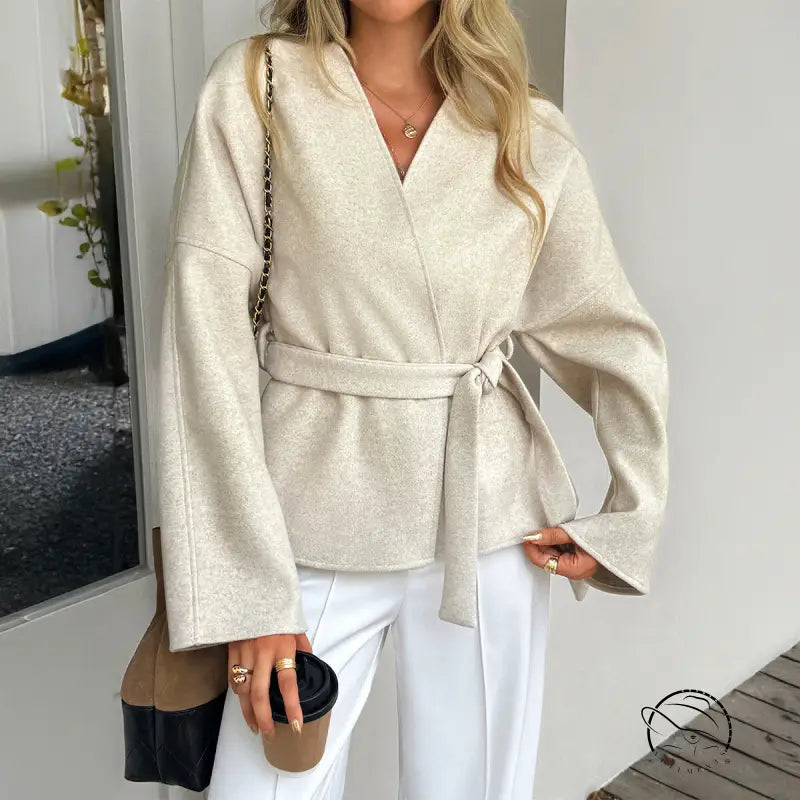 Beige kimono-style langry fashion blouse with bell sleeves and self-tie waistband