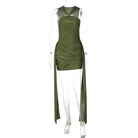 Beautiful langry olive green halter sheath dress with sheer ruched panel