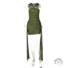 Olive green langry fashion sheath dress with sheer panel and ruched details