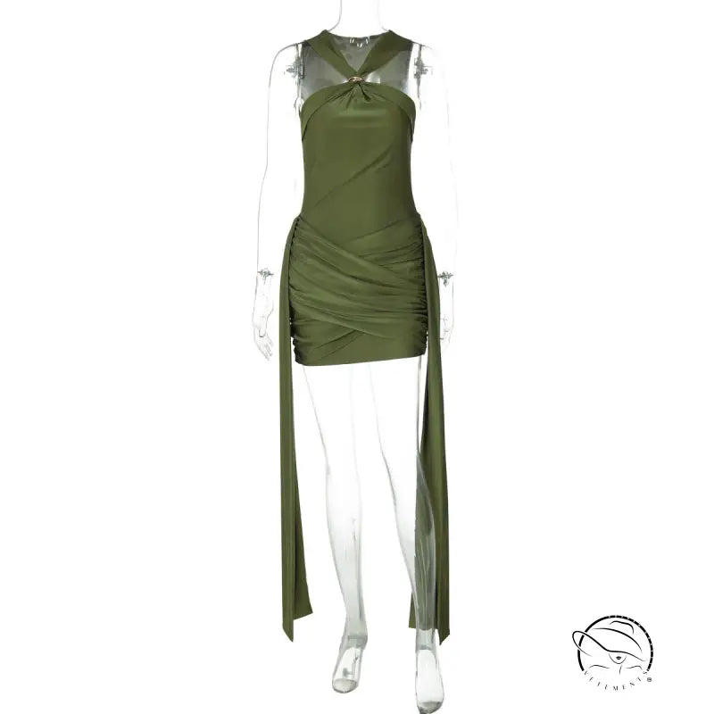 Olive green langry fashion sheath dress with sheer panel and ruched details