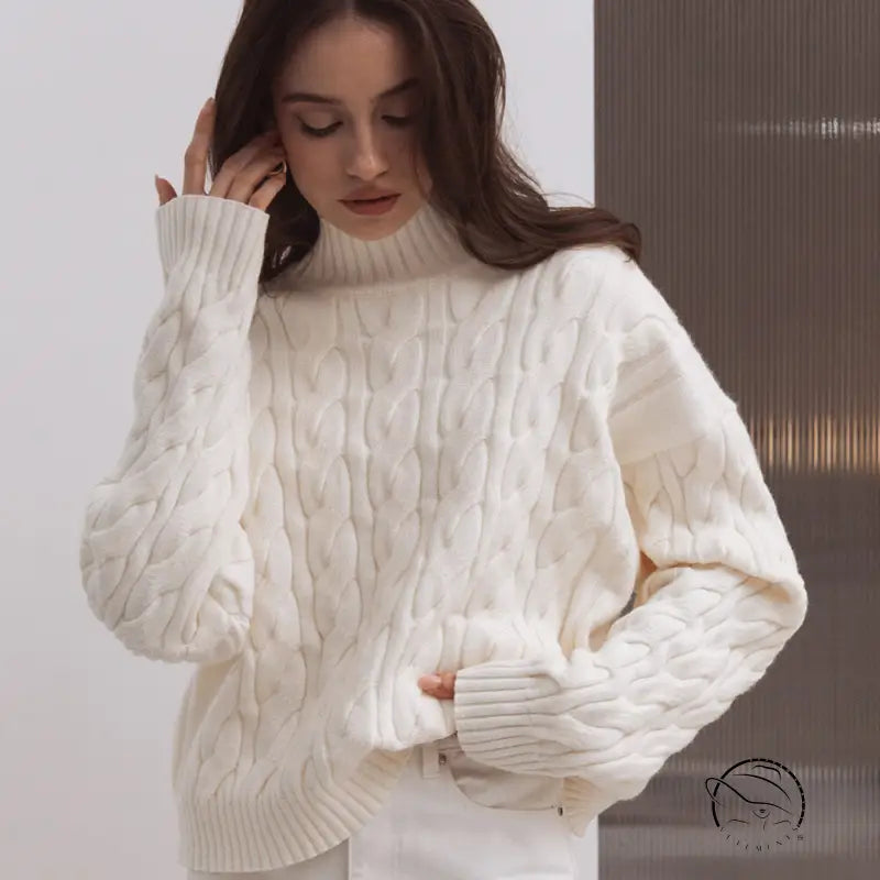 Winter loose knit sweater in cream cable knit with ribbed cuffs and hem, langry fashion ملابس