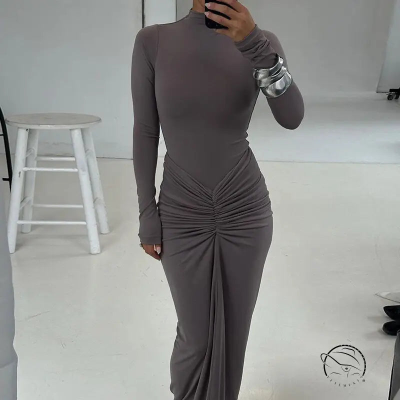 Taupe long-sleeved ruched maxi dress in elegant fashion