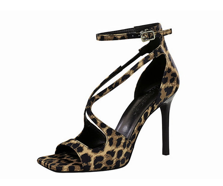 Langry fashion leopard print square high heel ankle strap sandal