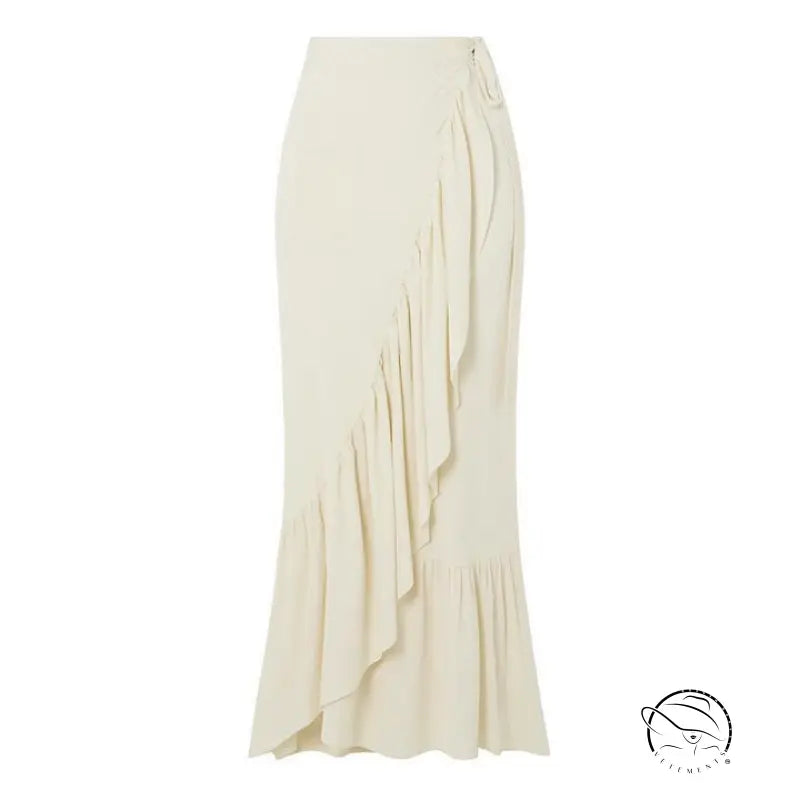 Cream-colored ruffled maxi skirt in elegant retro swimsuit