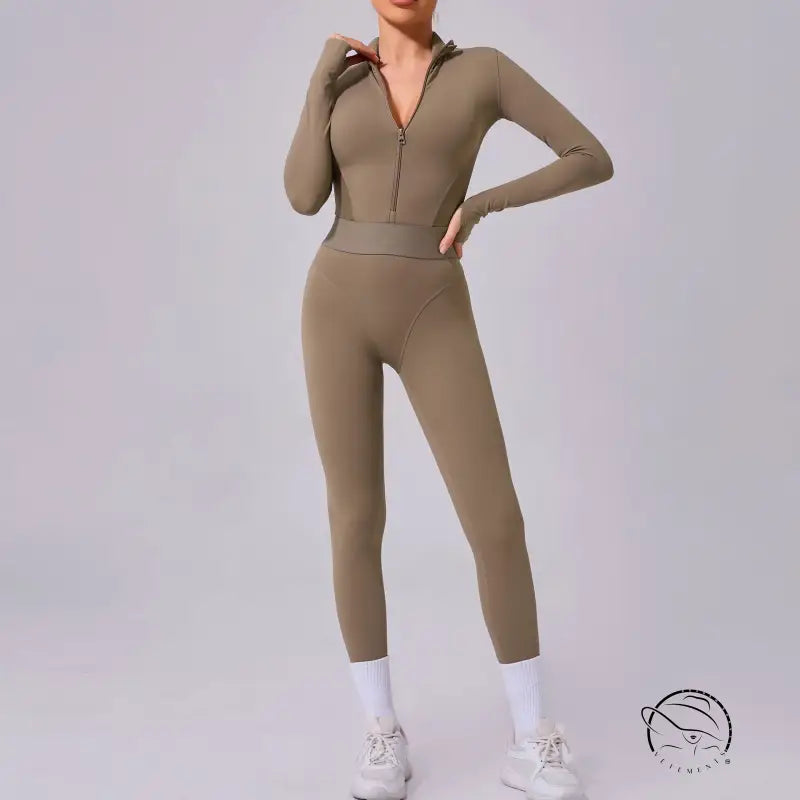 Olive-green Comfy Mesh Stitching Fitness Jumpsuit in Langry fashion