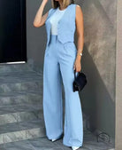 Elegant vest jacket wide leg pants set in light blue
