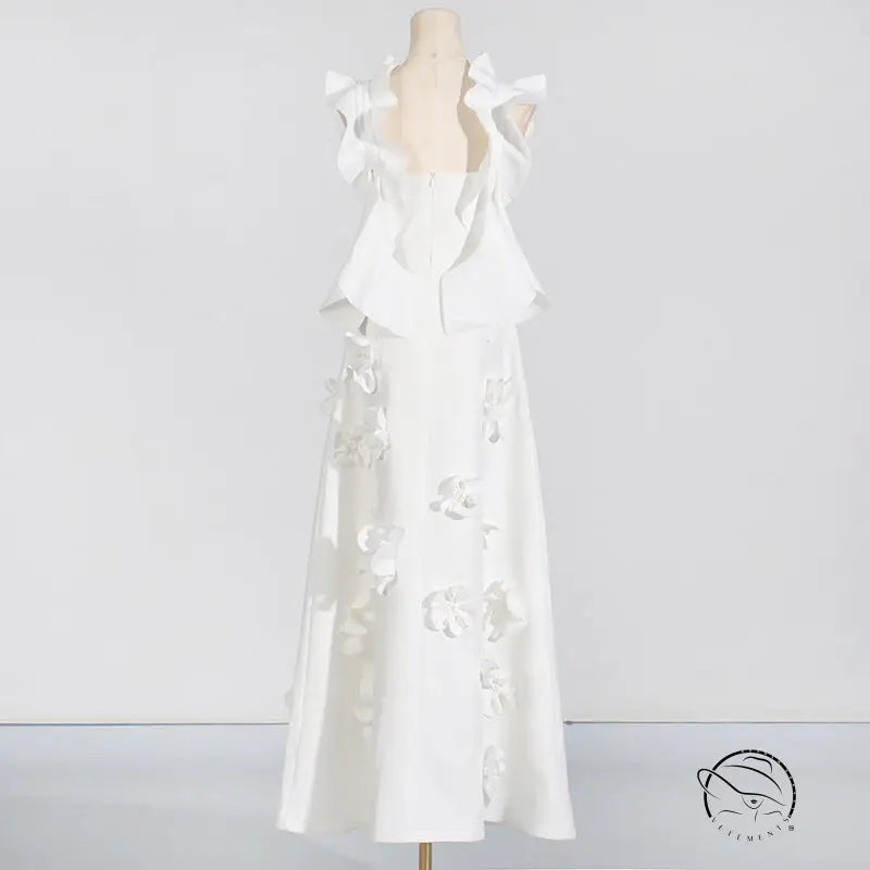 White floral-appliqued slim fit summer dress with high grade stitching