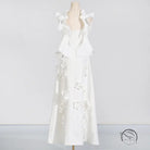 White floral-appliqued slim fit summer dress with high grade stitching