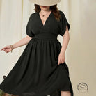 Plus size black V-neck vacation high waist A-line midi dress