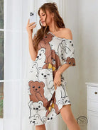 White and brown bear print short-sleeved pajamas dress home wear