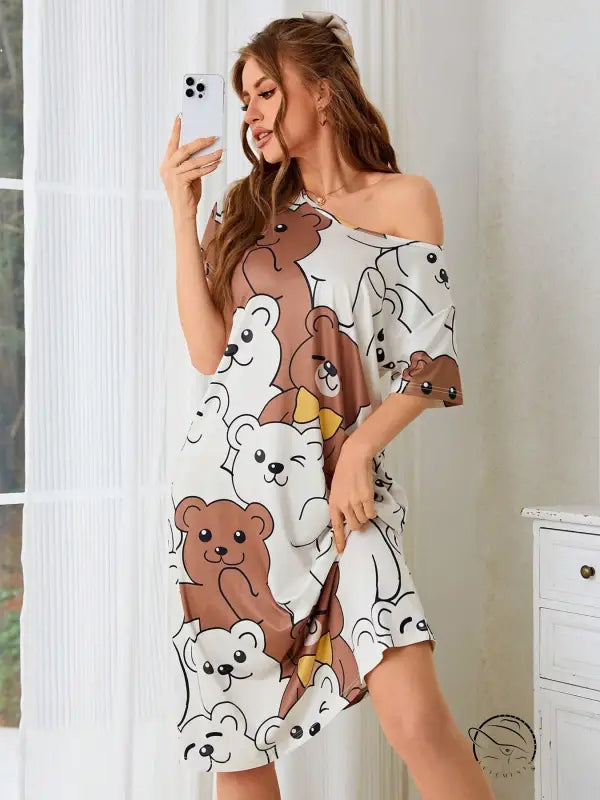 White and brown bear print short-sleeved pajamas dress home wear