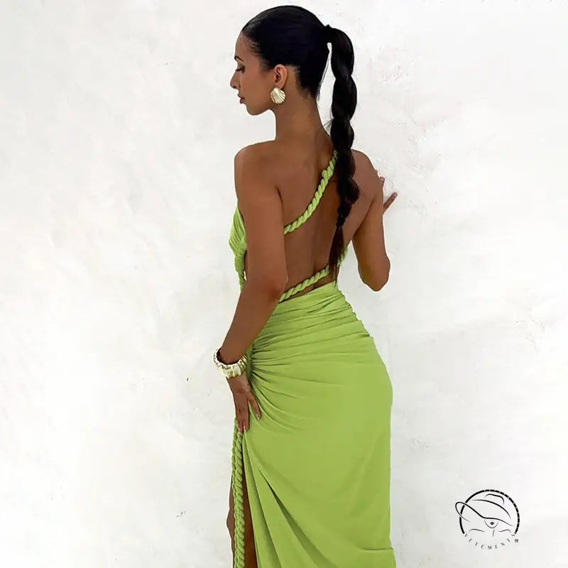 Stunning cutout lace pleated green one-shoulder dress