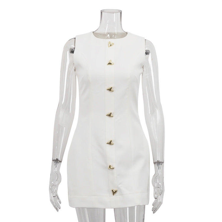 White short French dress with gold buttons and straps