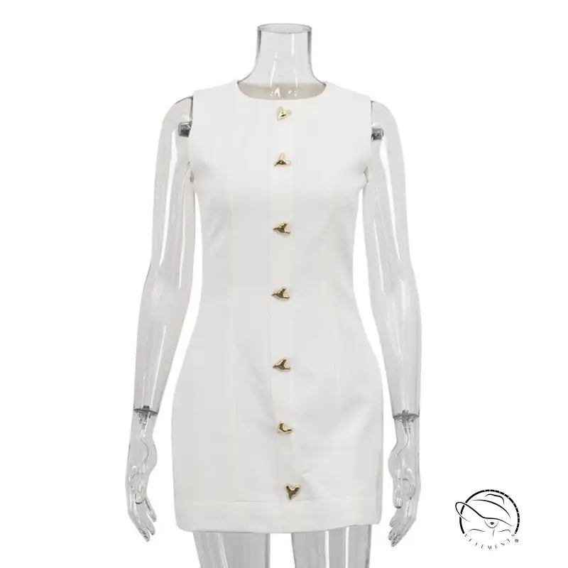 White short French dress with gold buttons and straps