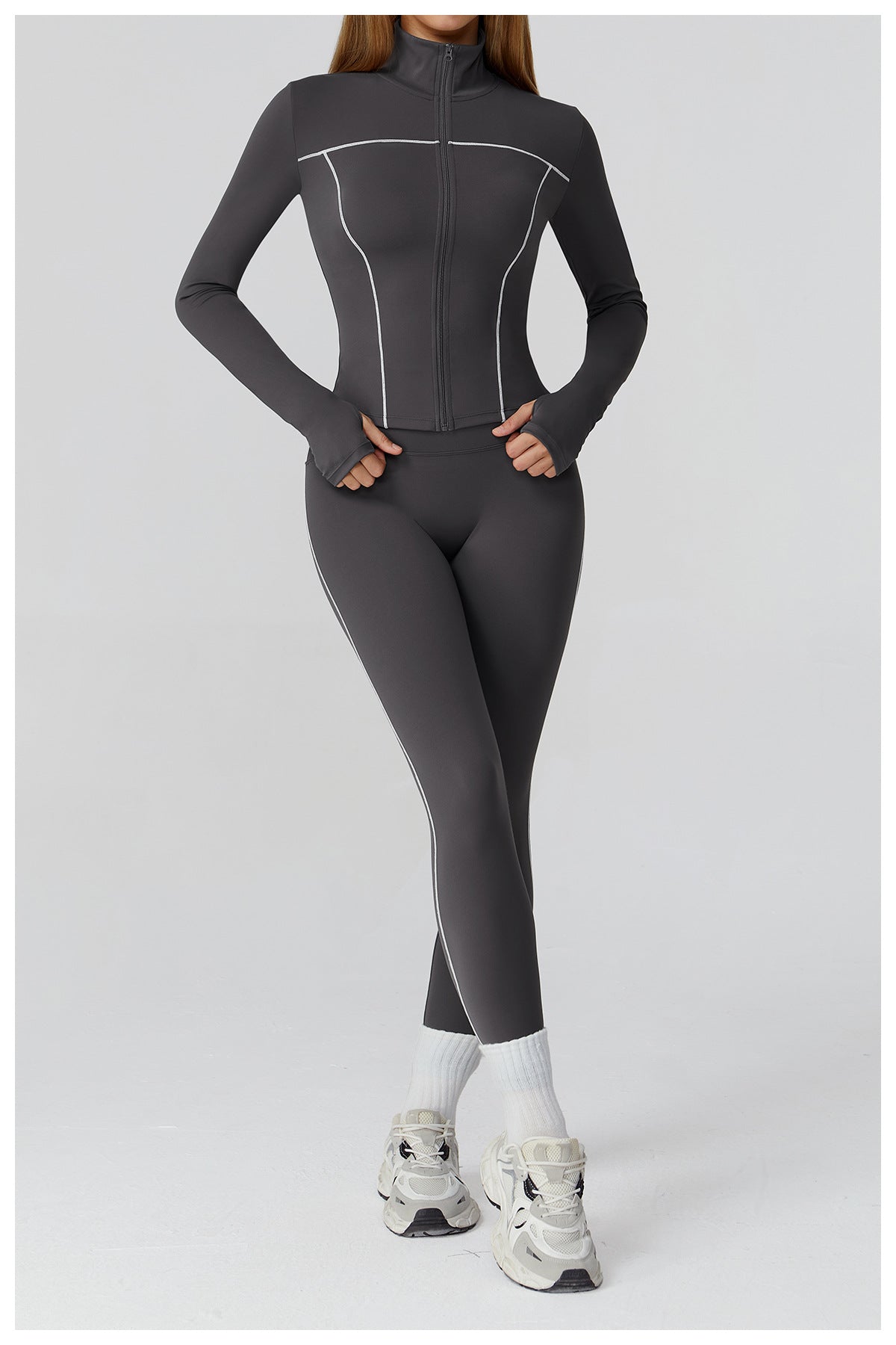 Langry charcoal gray windproof jumpsuit with white piping and high collar for fashion ملابس