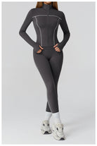 Langry charcoal gray windproof jumpsuit with white piping and high collar for fashion ملابس