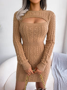 Elegant Tan Cable-Knit Cutout Dress showcasing sophisticated langry fashion and ملابس style