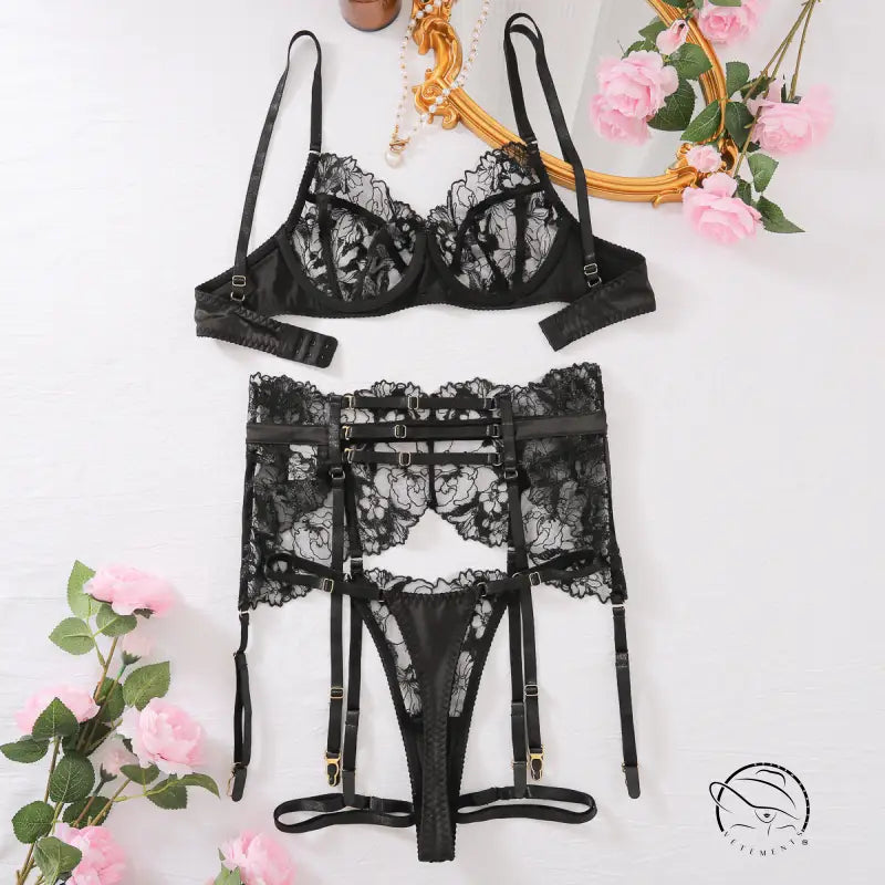Lingerie lace embroidery set with steel ring push-up and floral patterns