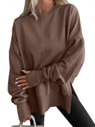 Casual loose round neck langry fashion pullover in brown oversized sweatshirt with drawstring hem and side pockets