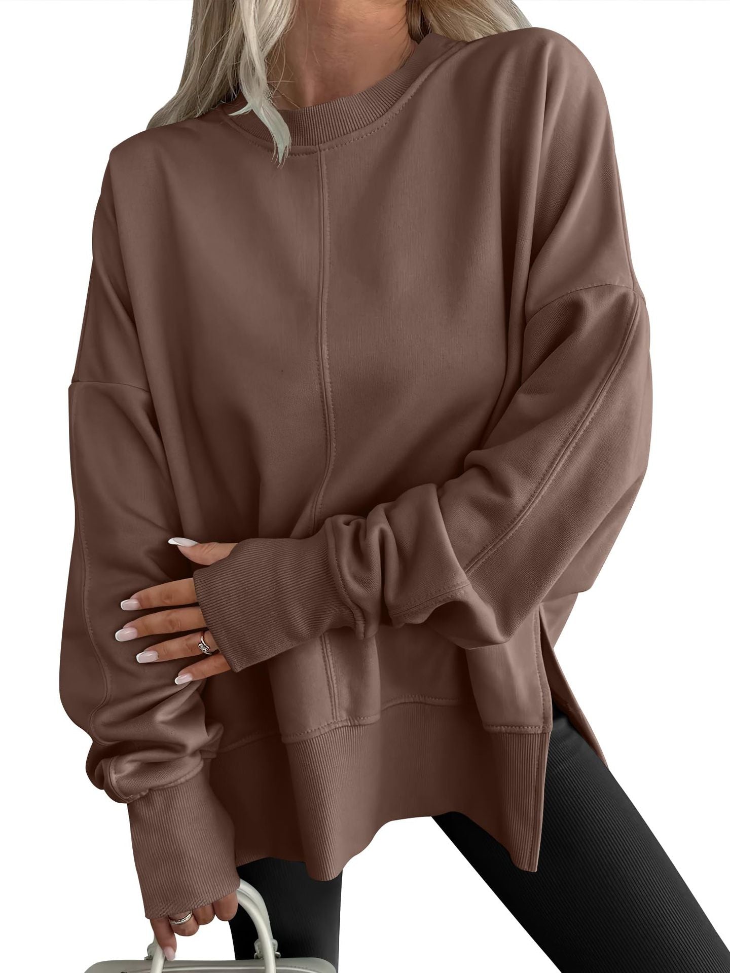 Casual loose round neck langry fashion pullover in brown oversized sweatshirt with drawstring hem and side pockets