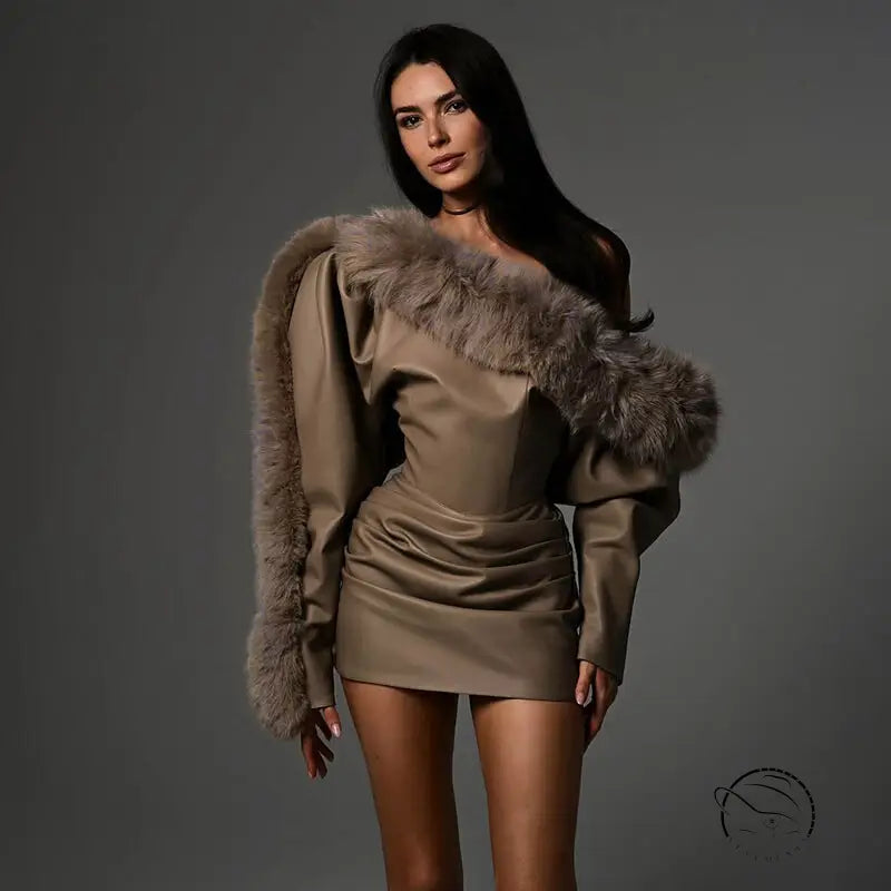 Langry beige satin mini dress with fur trim and puffed sleeves in fashion ملابس