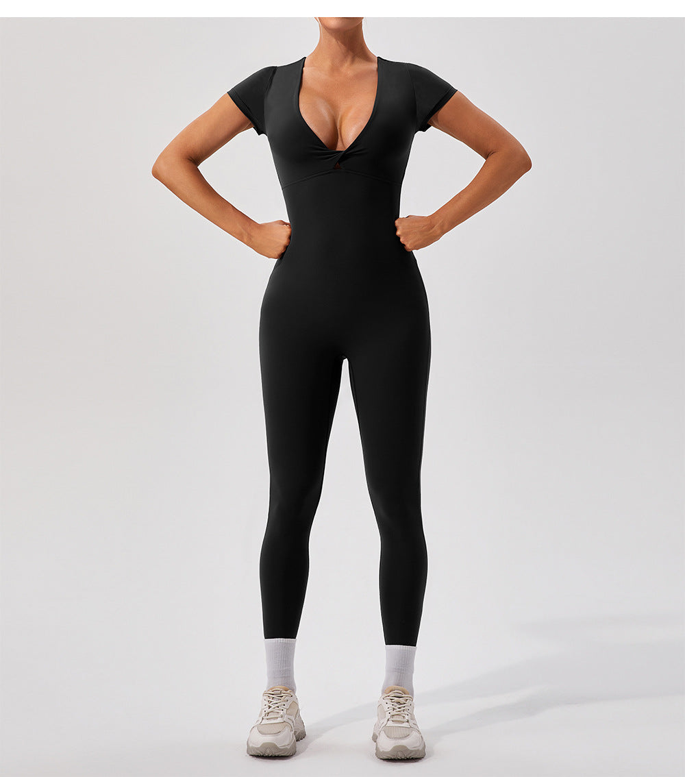 Black langry fashion yoga fitness one-piece bodysuit with deep v-neck