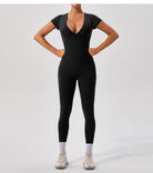 Black langry fashion yoga fitness one-piece bodysuit with deep v-neck