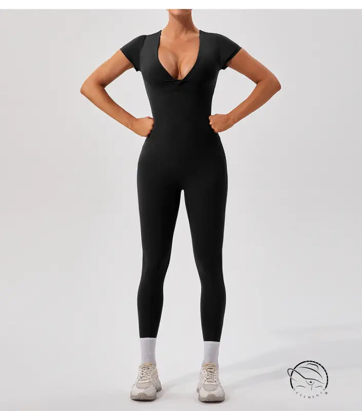 Black langry fashion yoga bodysuit with deep v-neck in one piece