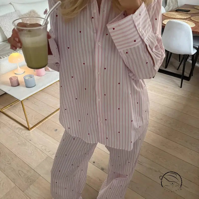 Lavender polka dot pajama set with metallic accents in langry fashion ملابس