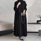 Black comfortable mid-length trench coat with high collar and buttons