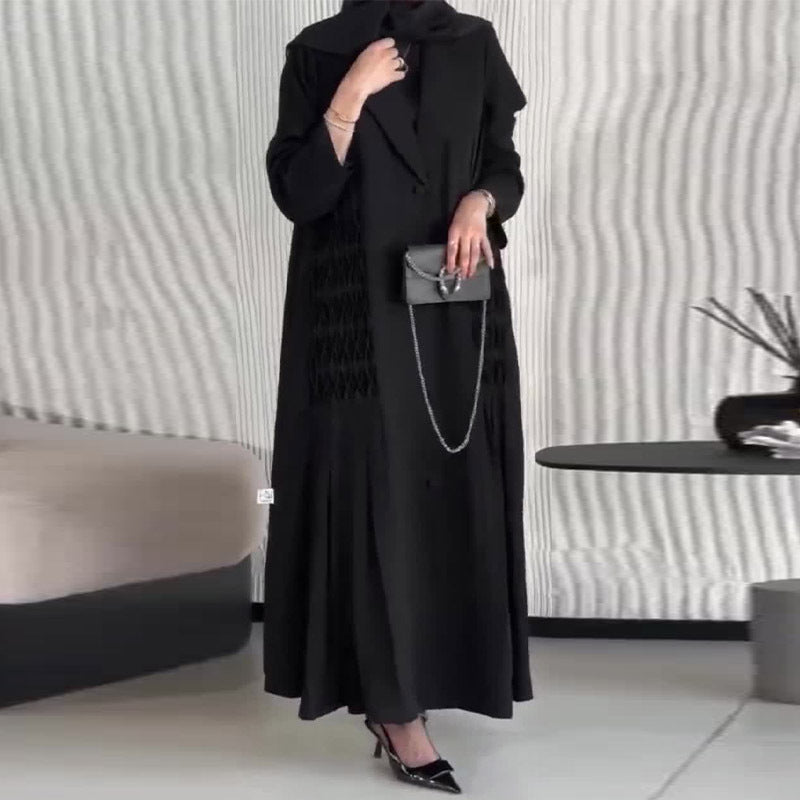 Black comfortable mid-length trench coat with high collar and buttons