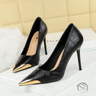 Langry metal pointed super high heel black shoes with gold accents