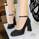 Waterproof Low Cut Square Toe Sequ Ankle Strap Shoes